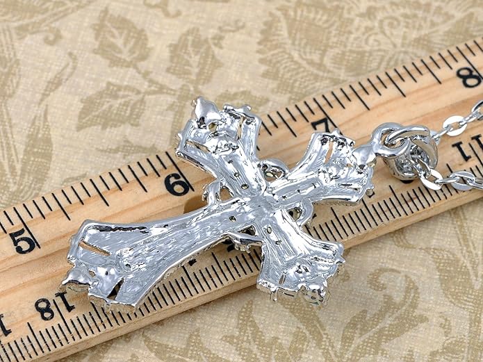 Alilang Silvery Tone Religious Cross Pendant Necklace w/Aquamarine Blue Or Clear Crystal Rhinestones