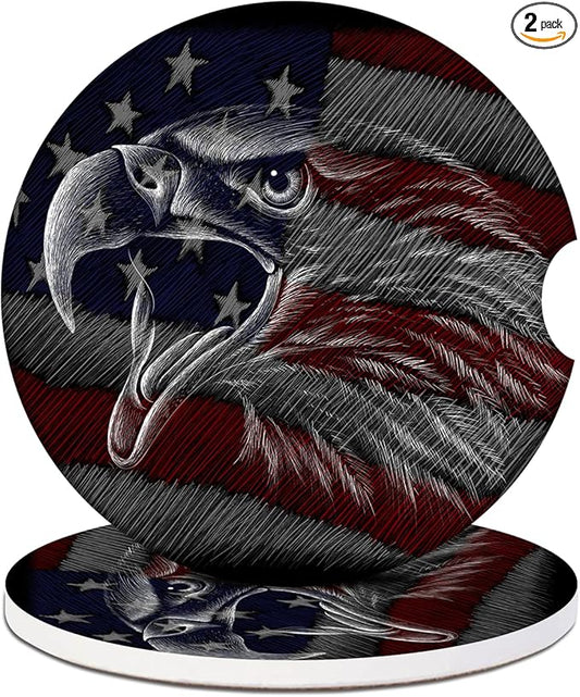 Car Cup Holder Coaster - American Flag Eagle Absorbent Ceramic Coaster, Car Coasters for Cup Holders, Auto Accessories for Women & Men, Pack of 2