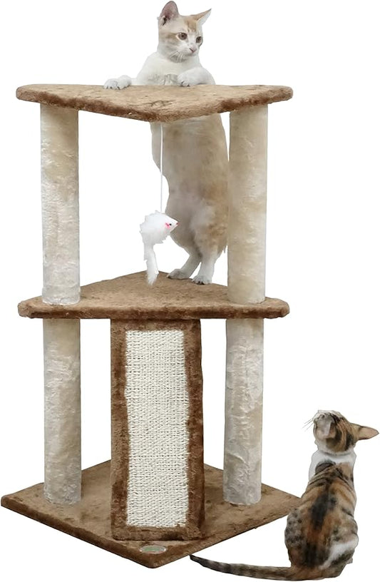 Go Pet Club Everyday Value 35in Corner Cat Tree Kitty Scratcher Tower Kitten Condo House Furniture with Scratching Board & Hanging Toys for Indoor Cats, Beige/Brown