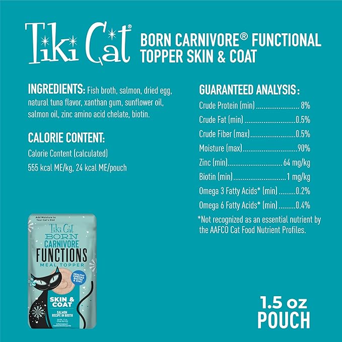 Tiki Cat Born Carnivore Functions Skin & Coat, Salmon Recipe in Broth, Formulated with Omega-3 and Biotin for Healthy Skin, Mousse Cat Food Topper, 1.5 oz. Pouch (12 Count)
