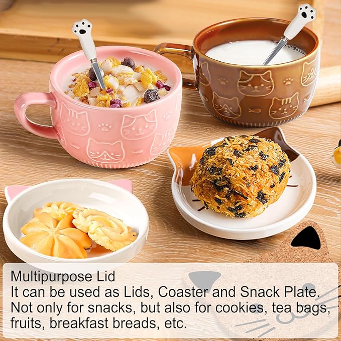 BigNoseDeer 2PCS Kawaii Cat Mug - Pink and Brown Ceramic Coffee Tea Cup with Lid, Saucer - Cool Preppy Gift for Cat Lovers, Christmas 10oz