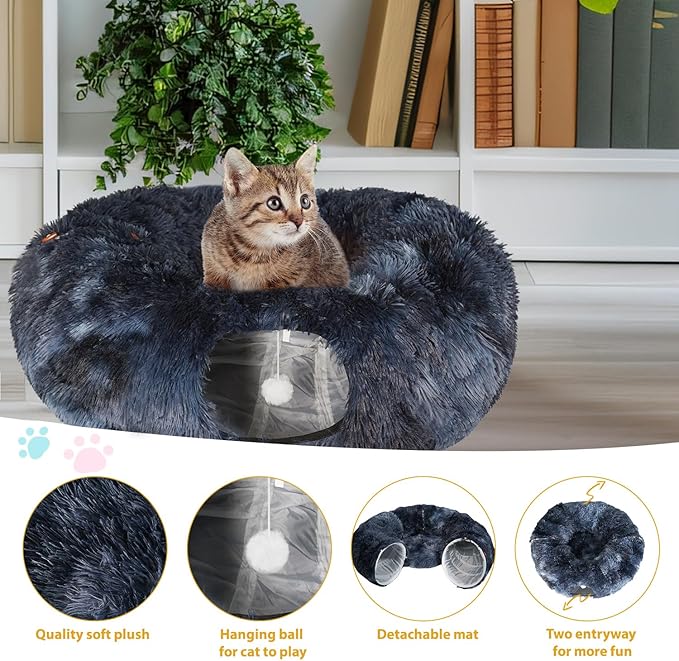 KOMUSMO Cat Tunnel Bed with Central Mat and Hanging Ball Toy, Multifunctional Large Cat Bed Cave Donut for Indoor Cats, Soft Plush Fluffy Collapsible Peekaboo Cave for Small Medium Large Cats Kittens