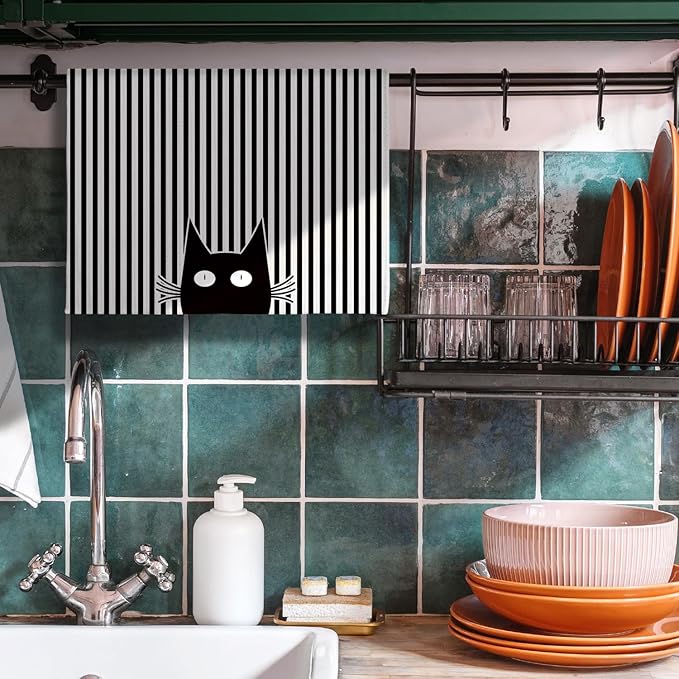 Cat Towels,Cat Kitchen Towels,Cat Dish Towels,Cat Hand Towel,Cat Kitchen Accessories,Black Cat Decor,Decorative Kitchen Towels,Black Cat Gifts for Women,Funny Kitchen Towels-Cat Lover Gifts for Women