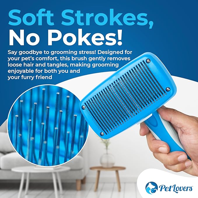 PetLovers EzSlicker Self-Cleaning Brush - Dog Brush for Shedding, Gentle Slicker Brush for Cats, Tangle-Free Grooming Comb with Soft Bristles & Ergonomic Handle for Stress-Free Grooming (White)