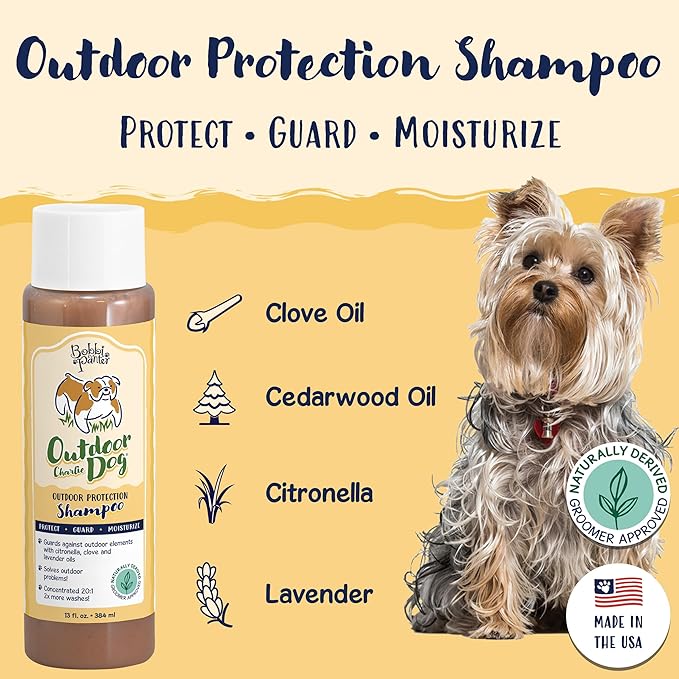 Bobbi Panter Charlie Outdoor Dog Shampoo to Protect Fur & Moisturizes Skin, Natural Ingridients, Tear-Free, pH-Balanced, Concentrated 20:1 Formula, Clove & Cedarwood Scent, 13 oz.