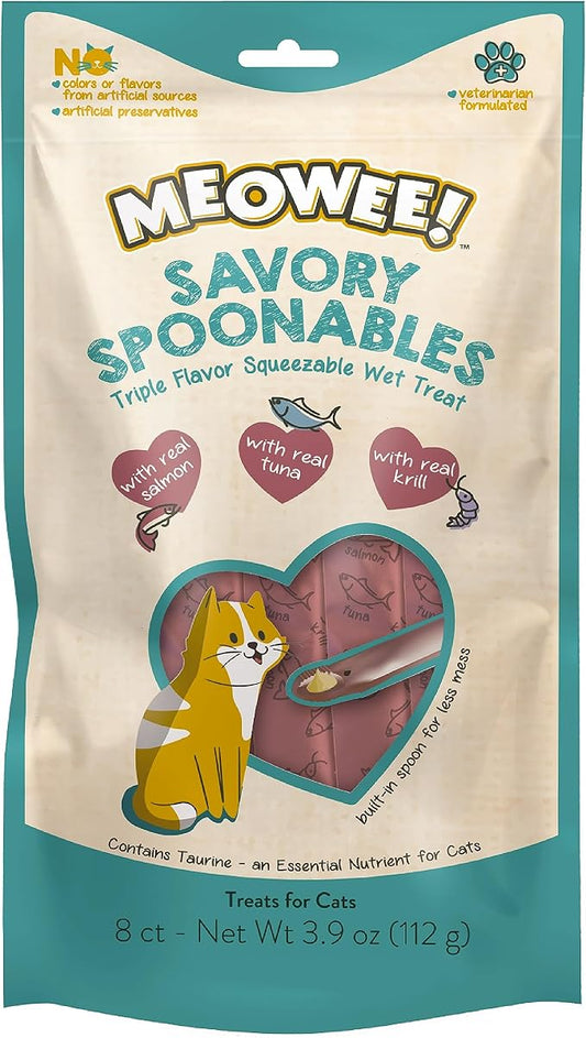 Savory Spoonables with Real Salmon, Tuna & Krill, 8 Count Tube, Triple Flavor Squeezable Lickable Wet Treats for Cats with Built-in Spoon for Less Mess