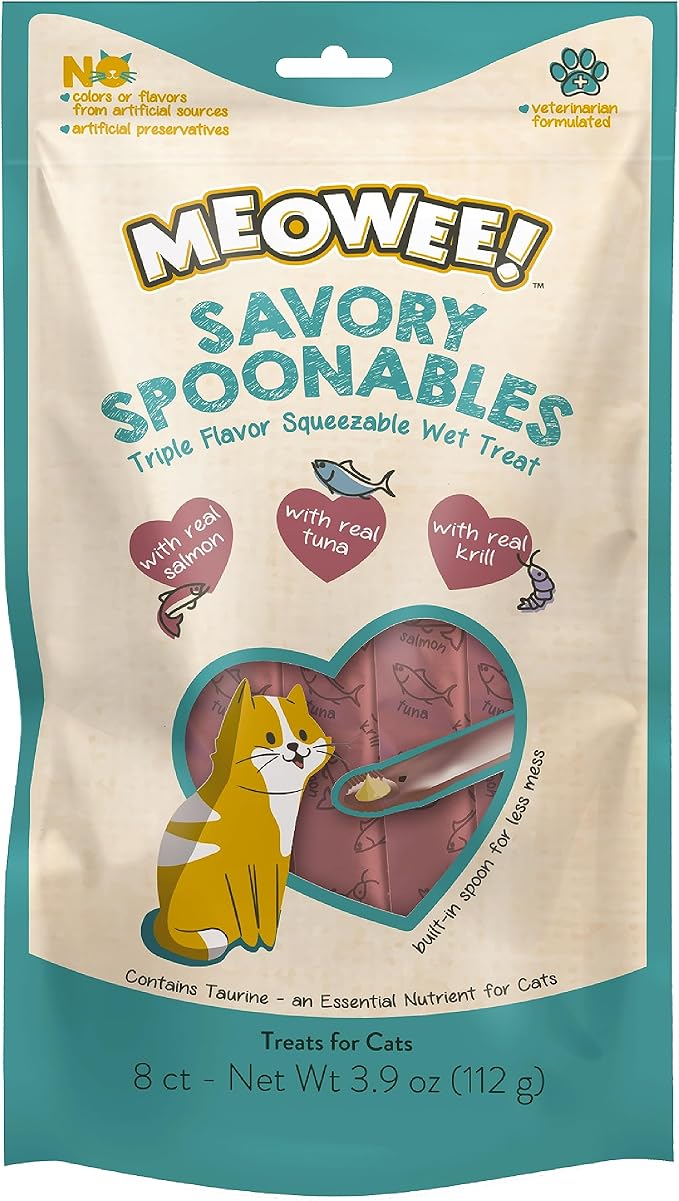 Savory Spoonables with Real Salmon, Tuna and Krill for Cats, 8 Count, Treat Your Cat to Triple Flavor Squeezable Lickable Wet Treats with Built-in Spoon for Less Mess