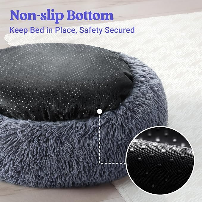 rabbitgoo Dog Bed for Small Dogs, 24 inches Washable Small Dog Bed, Fluffy Donut Dog Bed Anti-Slip, Calming Soft Plush Round Pet Bed for Dogs, Fits up to 18 lbs Pets, Dark Grey