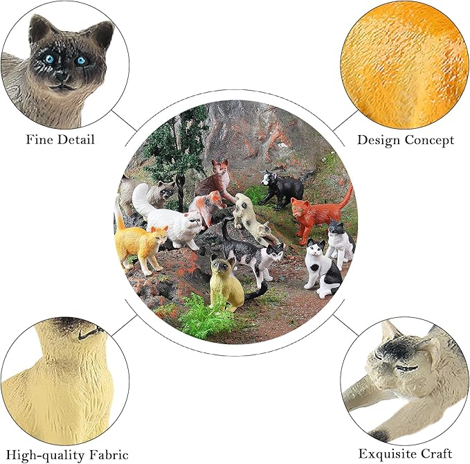 12PCS Realistic Cat Figurines, Plastic Mini Cat Figures Toys, Kitten Miniature Toys Cake Topper Easter Eggs Christmas Birthday Gift for Kids Boys Girls