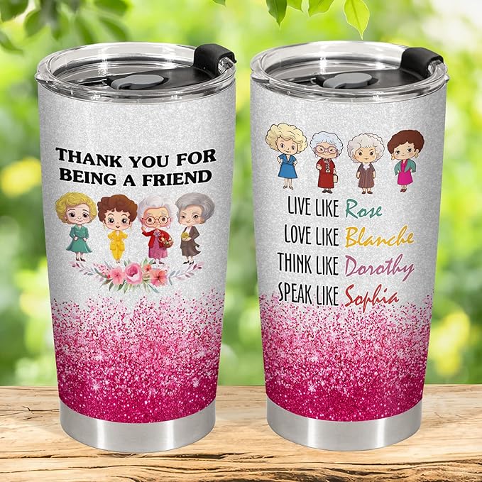 34HD Golden Tumbler 20oz – Thank You for Being a Friend – Double Wall Vacuum Insulated Stainless Steel Cup – Keeps Drinks Hot or Cold – Glitter Travel Mug Gift for Women & Friends