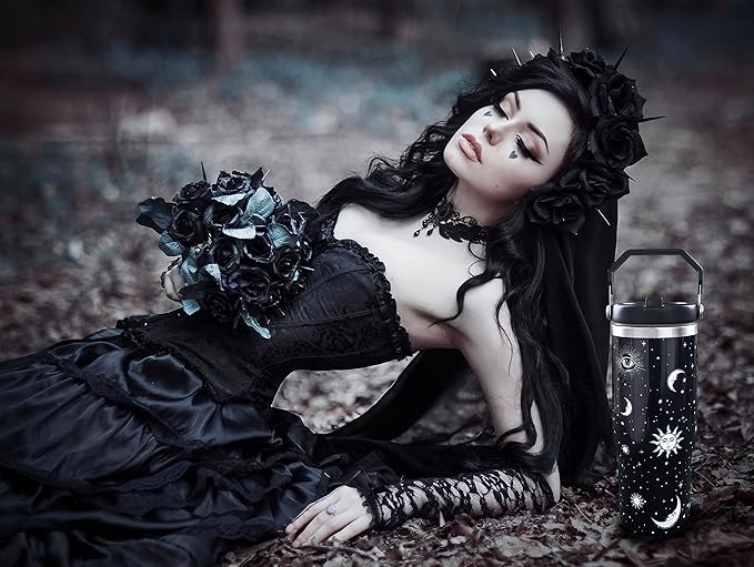 30oz Gothic Tumbler with Handle and Straw, Stainless Steel Vacuum Insulated Coffee Tumbler, Travel Mug Water Bottle, Goth Stuff Accessories Decor, Witch Gifts for Women