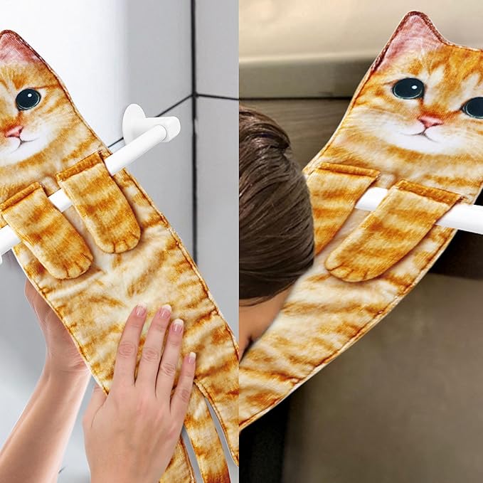 AGRIMONY Cat Funny Hand Towels with Towels Bar for Bathroom Kitchen - Cute Decorative Cat Decor Hanging Washcloths Face Towels Super Absorbent Soft - Housewarming Birthday Christmas Fun Gifts
