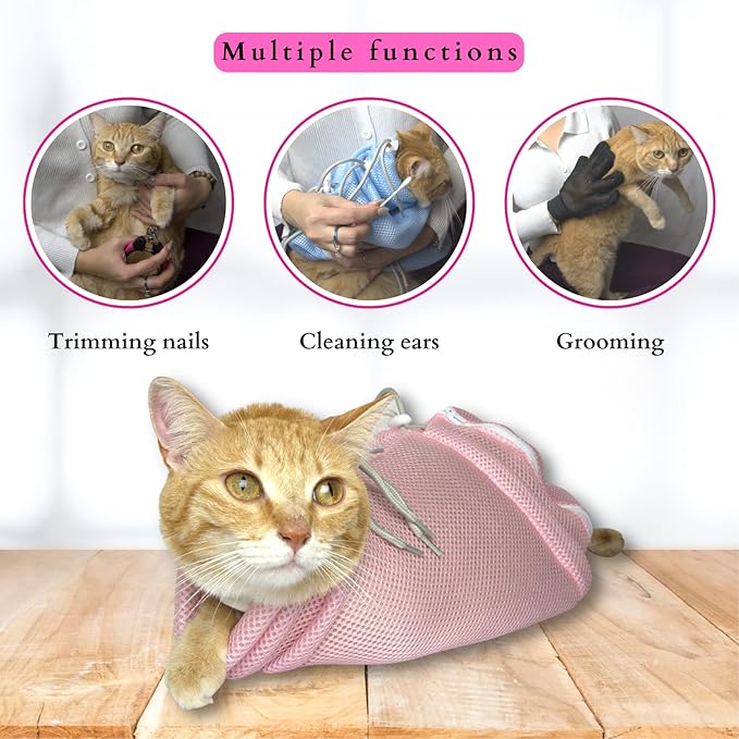 High Performance 3 Layers Cat Bathing Bag Set - 3 Pcs Multifunctional Grooming Kit with Restraint Bag, Durable Clippers, Bathing Glove - Cat Bathing Bag Anti Scratch - Cat Washing Bag for All Ages…