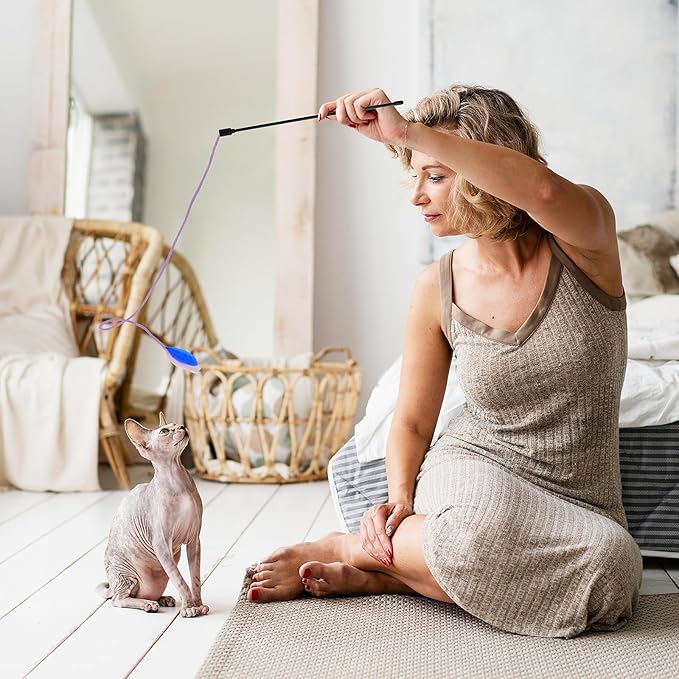 simarro 3 Pcs Cat Feather Wand Toys, Interactive Cat Teaser Wand Toy for Indoor Cats Adult, Colorful Feather Kitten Cat Stick Toys for Indoor Cats Play Chase Exercise