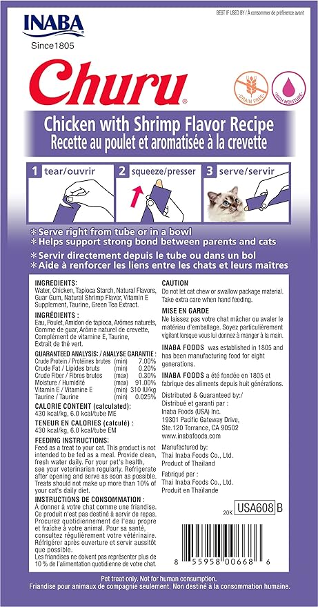 INABA Churu Cat Treats, Grain-Free, Lickable, Squeezable Creamy Purée Cat Treat/Topper with Vitamin E & Taurine, 0.5 Ounces Each Tube, 24 Tubes (4 per Pack), Chicken with Shrimp Recipe