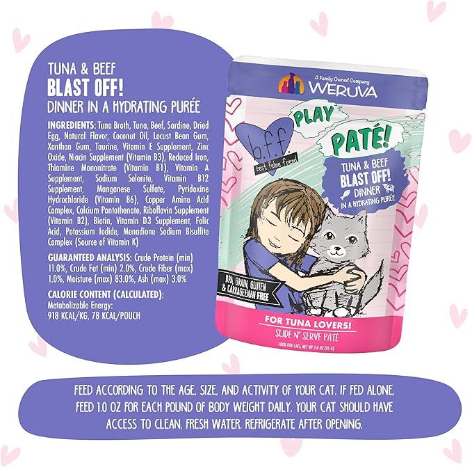 Weruva B.F.F. Play - Best Feline Friend Paté Lovers, Aw Yeah!, Tuna & Beef Blast Off! with Tuna & Beef, 3oz Pouch (Pack of 12)