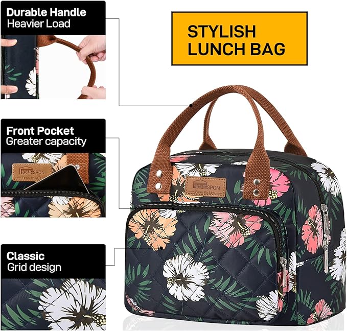 Buringer HOMESPON Lunch Bag for Woman Man Adults with Front Pocket Insulated Lunch Tote Lunch Box Container for Work Picnic or Travel（Green Leaves）