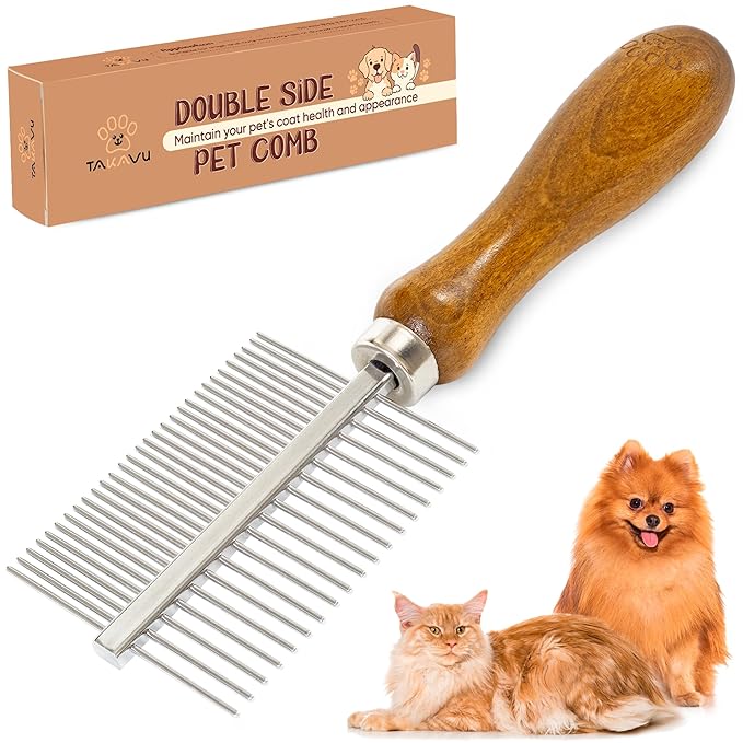 Takavu Metal Dog Comb for Removes Tangles and Knots, Cat Comb for Removing Matted Fur, Stainless Steel Smooth Round Teeth Grooming Tool with Wooden Handle for Grooming Pets Hair