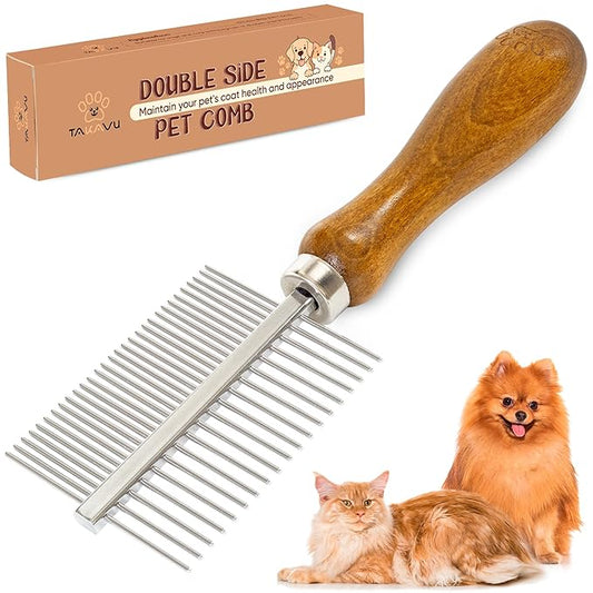 Takavu Metal Dog Comb for Removes Tangles and Knots, Cat Comb for Removing Matted Fur, Stainless Steel Smooth Round Teeth Grooming Tool with Wooden Handle for Grooming Pets Hair