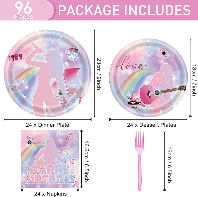 96 Pcs Birthday Plates and Napkins Party Supplies - Disposable Forks Paper Dessert Tableware Guitar Cartoon Decorations Table Dinnerware Favors Set, Serves 24(Guitar)