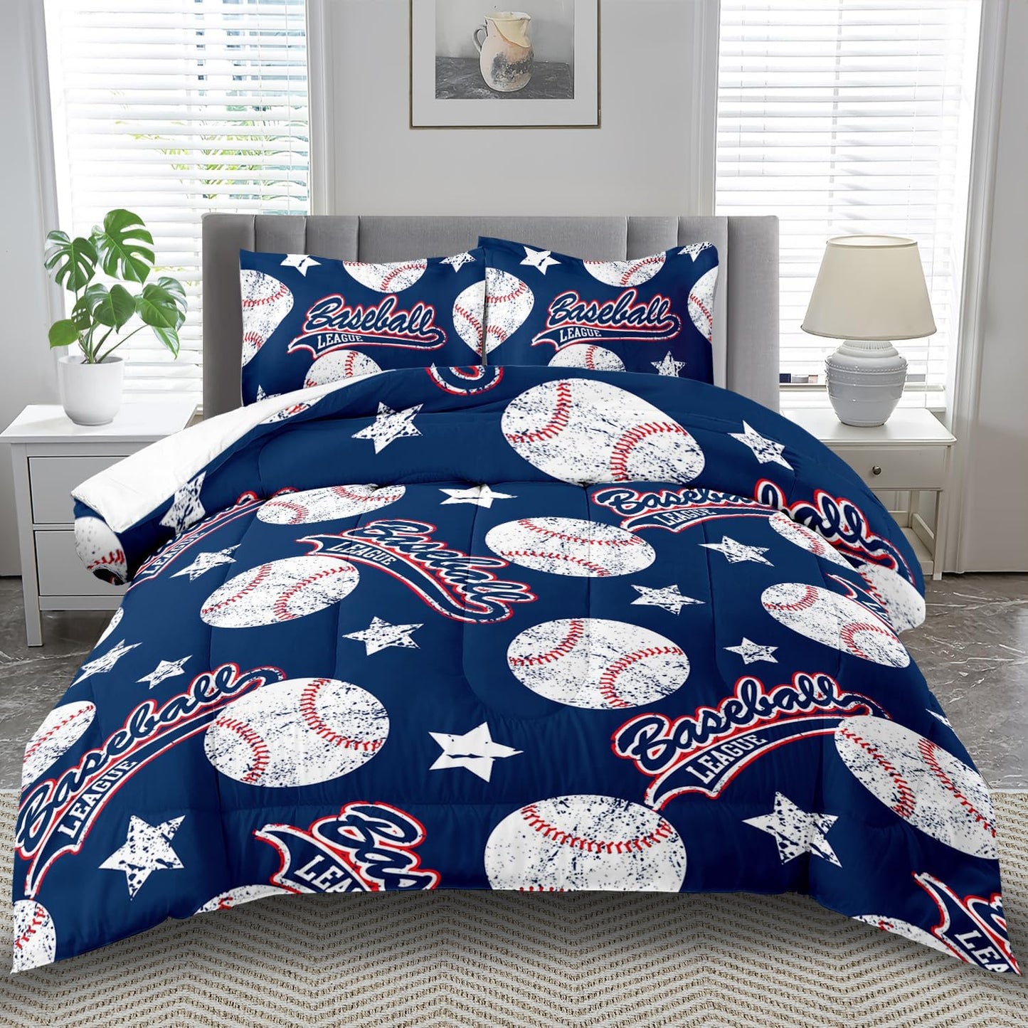 Baseball Comforter Set King,Sports Bedding Sets for Boys,Blue Sports Comforter King Bedroom Decor,Baseball Bedding Teen for All Seasons,Blue Quilt Kids Bedroom Decor