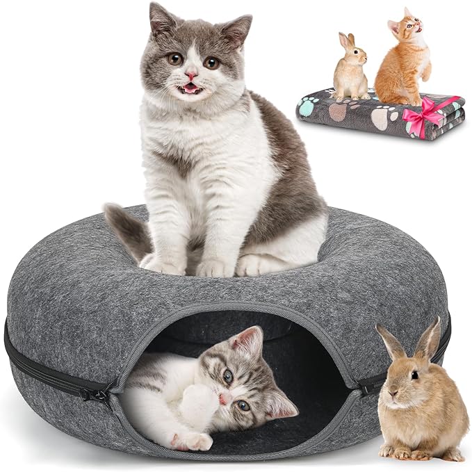 Medium 20 Inch,Cat Tunnel Bed,HOMAGICO Peekaboo Cat Cave with Pet Blanket,Detachable Donut Tunnel Bed for Indoor Cats,Exercise Scratching & Hideway Cat Nest,Cat Up to 8 lbs(Dark Grey)