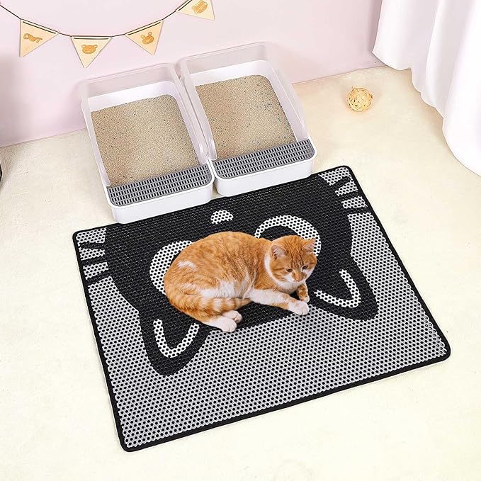 Bienbee Cat Litter Mat, 30"x24" Litter Mat Double Layer Litter Trapping Mat, Reduces Tracking and Keeps Floors Clean, Black Cat L