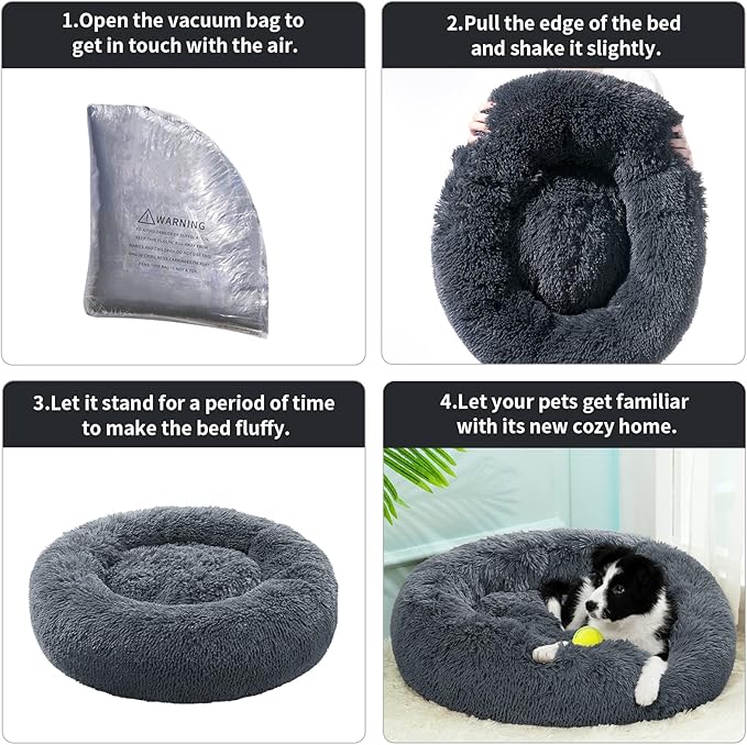 Small Cat Bed for Indoor Cats, Self-Warming Donut Kitty Bed for Small Cats Keeping Warm, Washable Pet Bed with Anti Slip Base, 23‘’ Darkgrey
