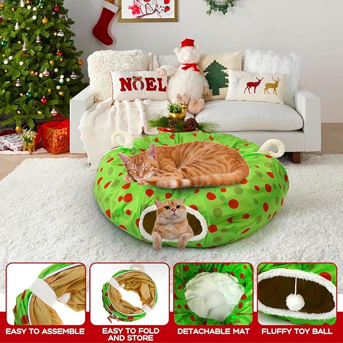 Christmas Cat Tunnel Bed 3ft x 3ft x 9.8in Under Christmas Tree Cat Tunnels for Indoor Cats Xmas Lime Green Cat Donut Tunnel Foldable Plush Peekaboo Cat Cave Toy for Small Cat Kitten Kitty