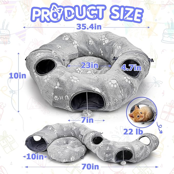 Cat Tunnel Bed, Cat Tunnels for Indoor Cats, Cat Donut Tunnel Toys, Cat Tubes and Tunnels, Self-Luminous Collapsible Tunnels with Plush Cover