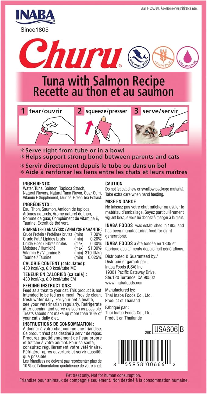 INABA Churu Tuna with Salmon Recipe Lickable Creamy Purée Cat Treats 24 Tubes