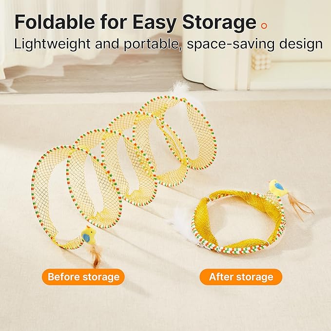 Potaroma Cat Tunnel Toy, Self Play Spiral Cat Play Kitten Tunnel Toy, Collapsible Tunnel Toy for Indoor Cats with Feather and Bell, 18 Inches Unfolded