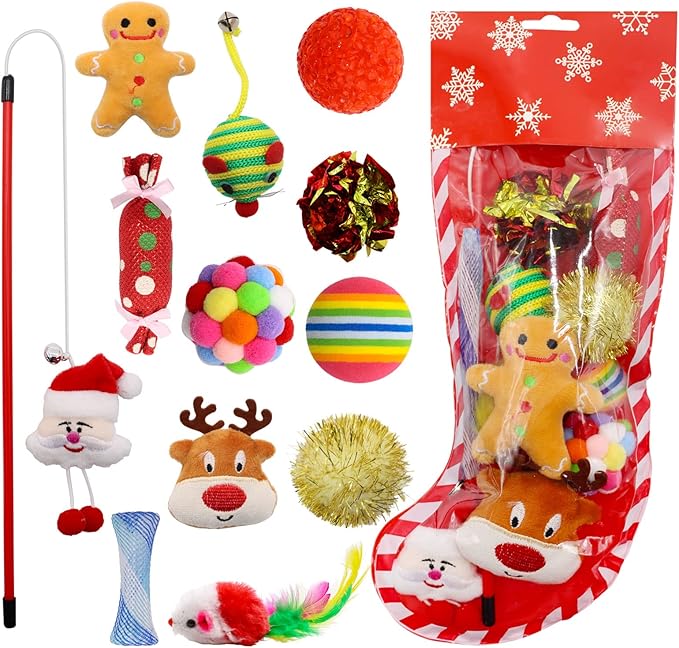 Christmas Stocking Cat Toys, 12PCS Xmas Cat Toy Set with Mouse, Squeaky Toys, Balls, Cat Teaser, Indoor Interactive Cat Gift
