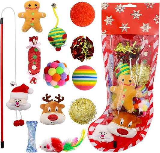 Christmas Stocking Cat Toys, 12PCS Xmas Cat Toy Set with Mouse, Squeaky Toys, Balls, Cat Teaser, Indoor Interactive Cat Gift