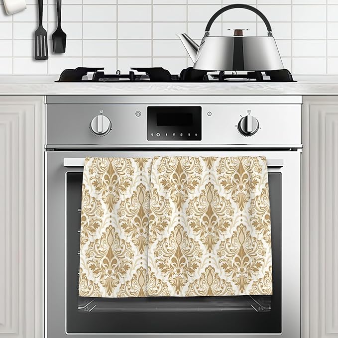 Vintage Damask Hand Towels for Bathroom,Gold Orient Flower Hand Bath Towels Soft Absorbent Dish Towels for Kitchen Bathroom Gym Beach Decorative Towels,Set of 2