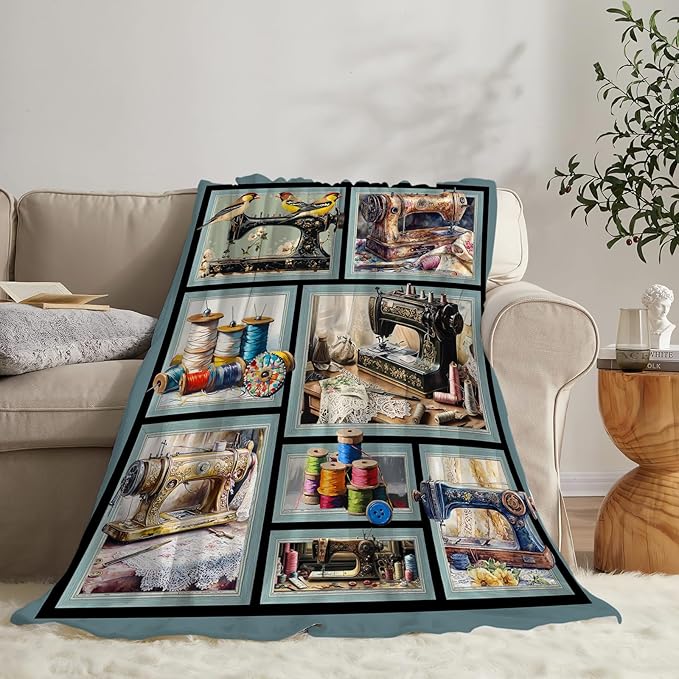 Ultra Soft Cozy Fleece Fuzzy Plush Throw Blanket - Sewing Machine Decor Gifts for Women, Girls & Adults - 60"x50"