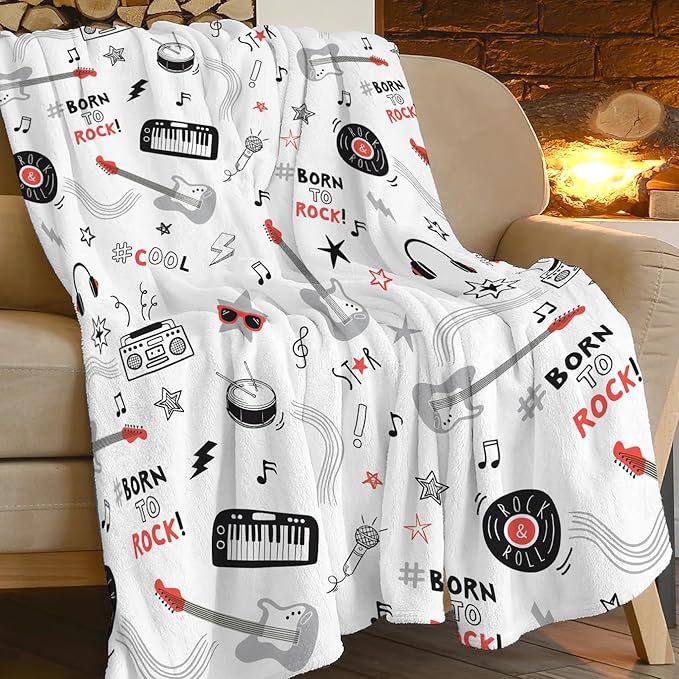 Rock and Roll Band Throw Blanket Music Electric Guitar Piano Drum Print Blankets Gifts Couch Sofa Bed Stuff Decor Soft Cozy Fleece Plush Flannel Bedding for Lover Men Women Musician Adults 50"x60"