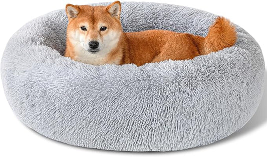 Dog Bed Calming Dog Beds for Small Medium Dogs - Round Donut Washable Dog Bed, Anti-Slip Faux Fur Fluffy Donut Cuddler Anxiety Cat Bed(Light Grey 32")