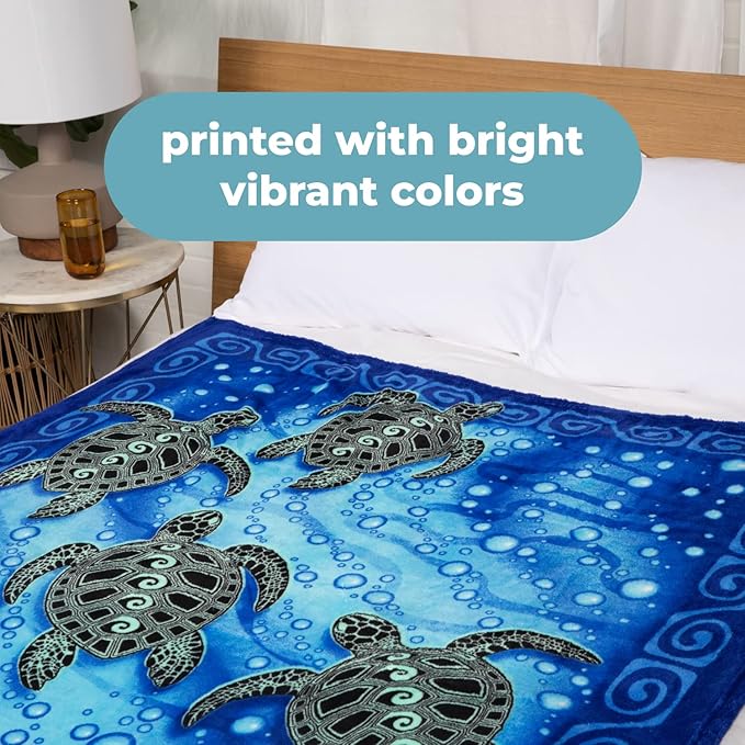Dawhud Direct Sea Turtle Fleece Blanket - 50 x 60 Inch Soft Plush Throw for Bed Couch or Travel - Ocean-Themed Blanket and Sea Turtle Gifts for Women and Kids - Blue Tribal Design