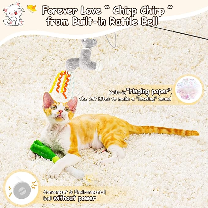 ORSDA Cat Toys, Cat Wand Toy for Indoor Cats, Interative Cat Toy to Chase & Exercise, Teaser Bird Toy for Cats with 5 Replacement Kitten Toys for All Breeds