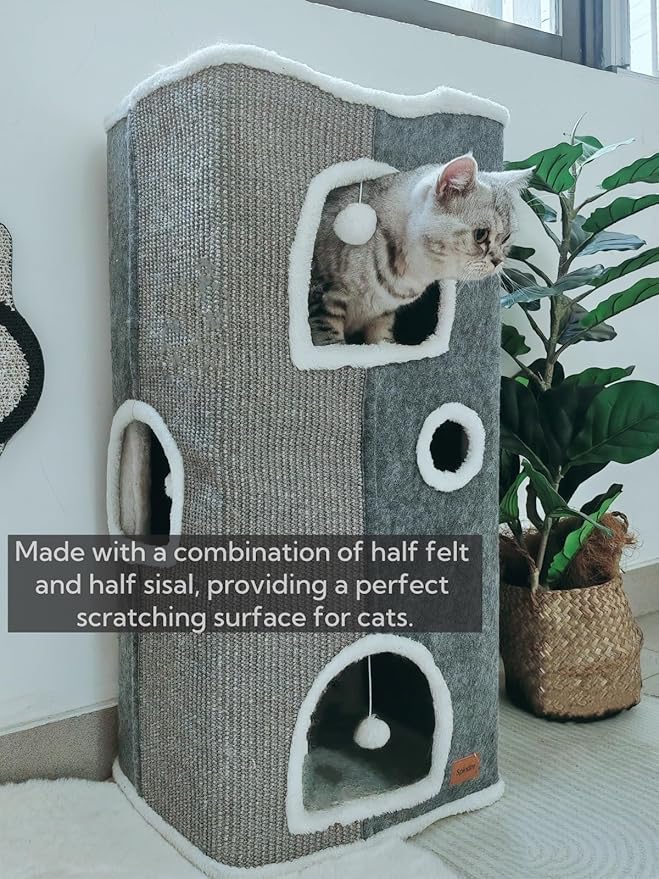 4-Level Cat House for Indoor Cats, Large Adult Cat Cave Bed Cats Cube House with Scratch Pad Cat Towers, Cute Kitten Condo Hideaway Hut with Soft Pillow Mat for Multi Pets Under 55 lbs