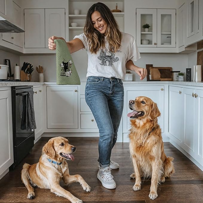 Black Cat Gifts Kitchen Dish Towels Hand Towels for Bathroom Kitchen Decor, Gifts for Cat Mom Lover and Women,16x24 Inch(Green)