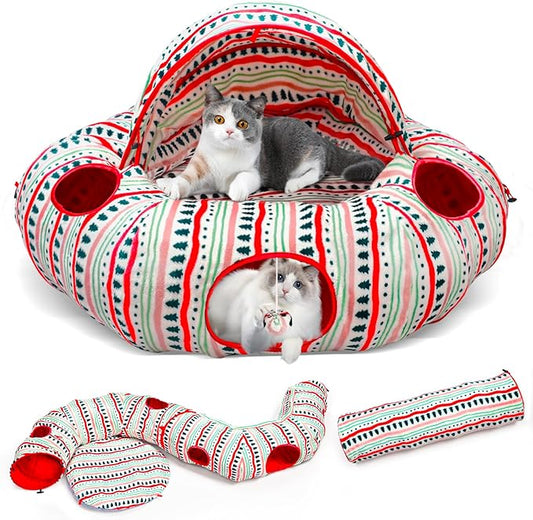 Cat Tunnel Bed for Indoor Cats, Soft Plush Peekaboo Cat Cave Donut Tunnel, Multifunctional Cat Playground Toys Hideplace for Small Medium Large Cats, Kittens, Rabbit, Ferret (Red)