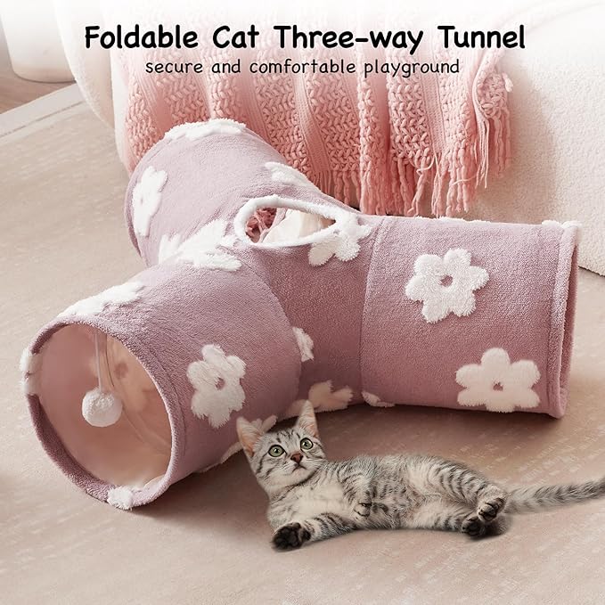 Tempcore Flannel Pet Cat Tunnel Tube Cat Toys 3 Way Collapsible, Cat Tunnels for Indoor Cats，Kitty Tunnel Bored Cat Pet Toys Peek Hole Toy Ball Cat, Puppy, Kitty, Kitten, Rabbit Daisy Burlwood