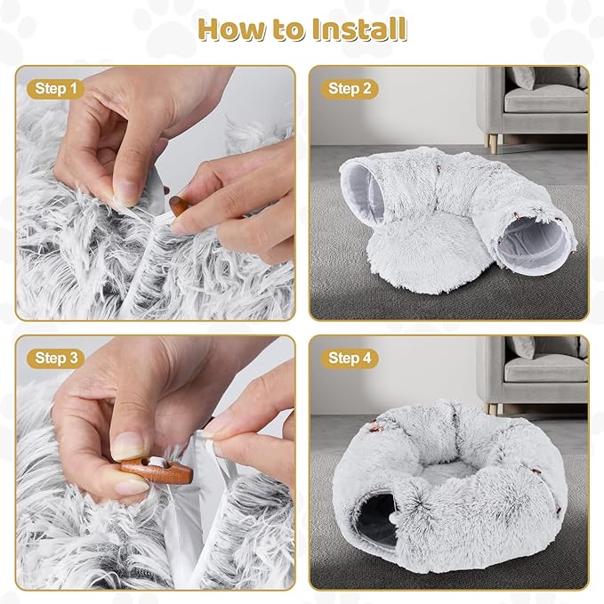 Odoland Cat Tunnels Bed with 20 Cat Toys for Indoor Cats, Plush Cat Couch Tunnel Bed for Kitten, Cat Cave Donut Tunnel - Detachable Soft Cat Bed and Variety Kitty Toy Set, White