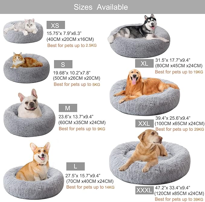 Large Dog Bed, Calming Donut Round Cat Bed for Medium Pet, Comfy Luxury Cuddler Anti Anxiety Plush Furry Cusion Mat(Grey 31.5")