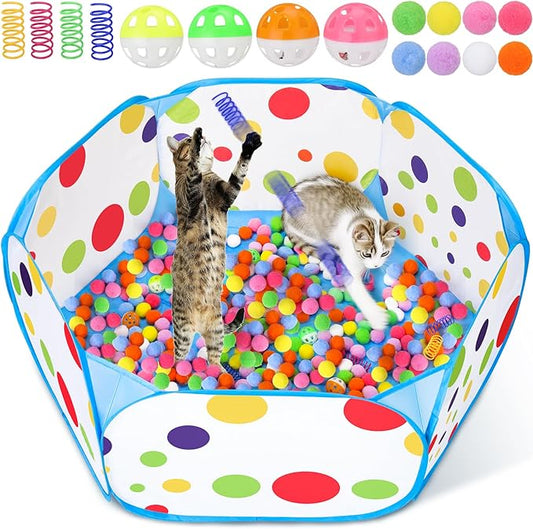 Palksky Cat Ball Pit with 210PCS Cat Toy Balls and 4PCS Cat Spring Toy, Interactive Cat Toys for Bored Indoor Cats Self Play, Cat Enrichment Toy for Interactive Fun and Exercise
