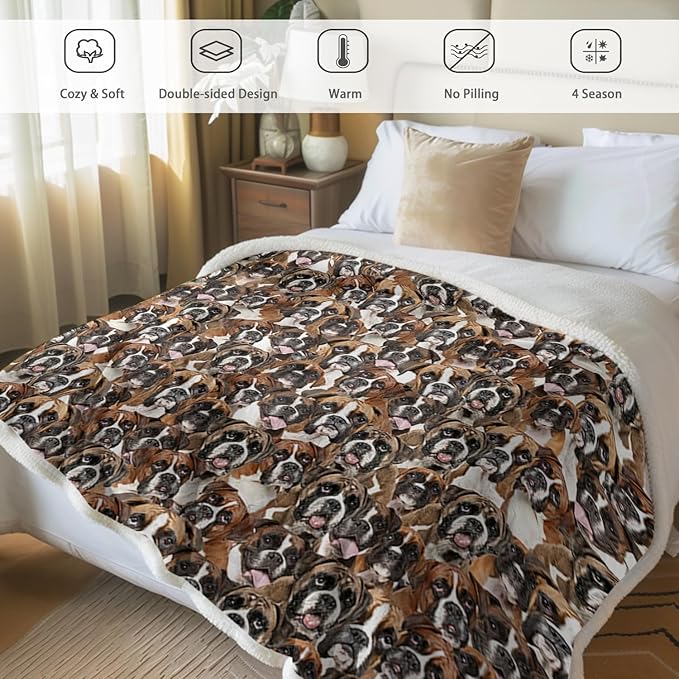 BlessLiving Boxer Blankets Super Soft Fuzzy Dogs Blanket for Kids Adults Cute Puppy Fleece Blanket Reversible Animal Brown Sherpa Throw Thick Lightweight Cozy Plush Blankets (White Boxer,Twin,60"x80")