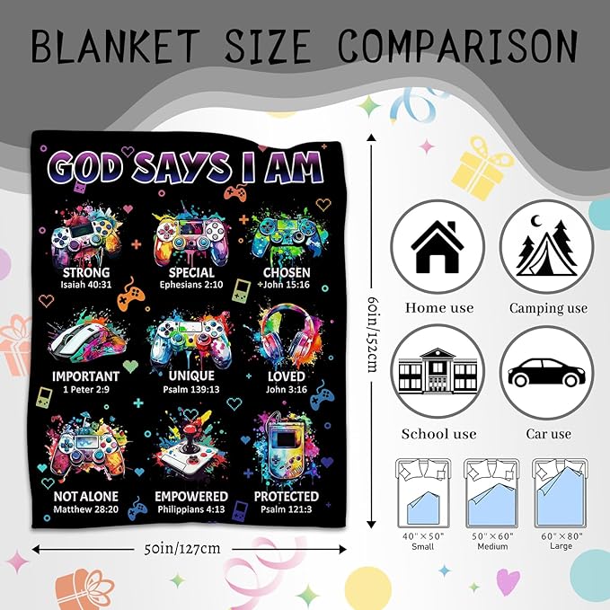 CIUGOIG Christian Gifts for Men Boys, God Says I Am Gamer Blanket 50"x60", Inspirational Religious Birthday Gifts for Game Lover Bible Verse Blanket, Gaming Gifts for Gamer, Christian Game Gifts
