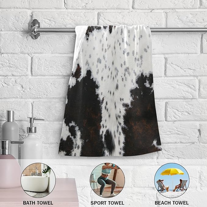 2 Pack Cow Fur Hand Towels for Bathroom,Soft Absorbent White Black Brown Cow Print Country Farmhouse Bath Hand Towels for Kitchen,Decorative Guest Bathroom Towels for Face,Shower,Gym 14"x28"